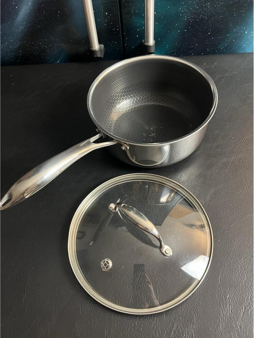 Hexclad Hybrid Non Stick Pot Stainless Steel Saucepan  3-Quart  w/ Glass Top Lid